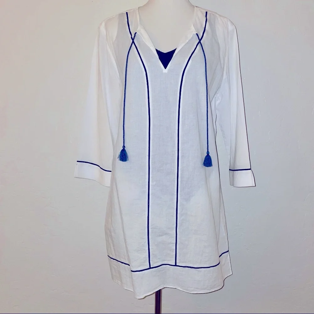 New!! Marabelle White/Navy Shirtdress Tassel Swim Coverup Size Large🤍🌊 - Picture 6 of 11